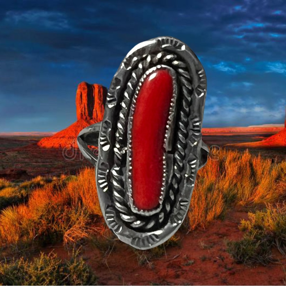 Sterling Silver Stamped Coral Ring Size 7.